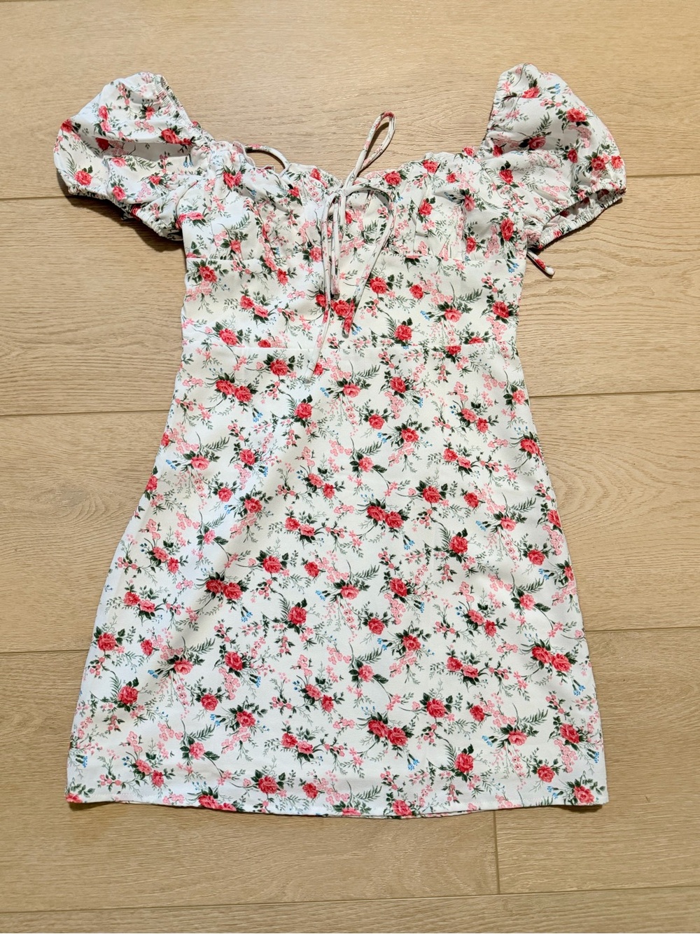 White Floral Puff-Sleeve Tie-Front Dress